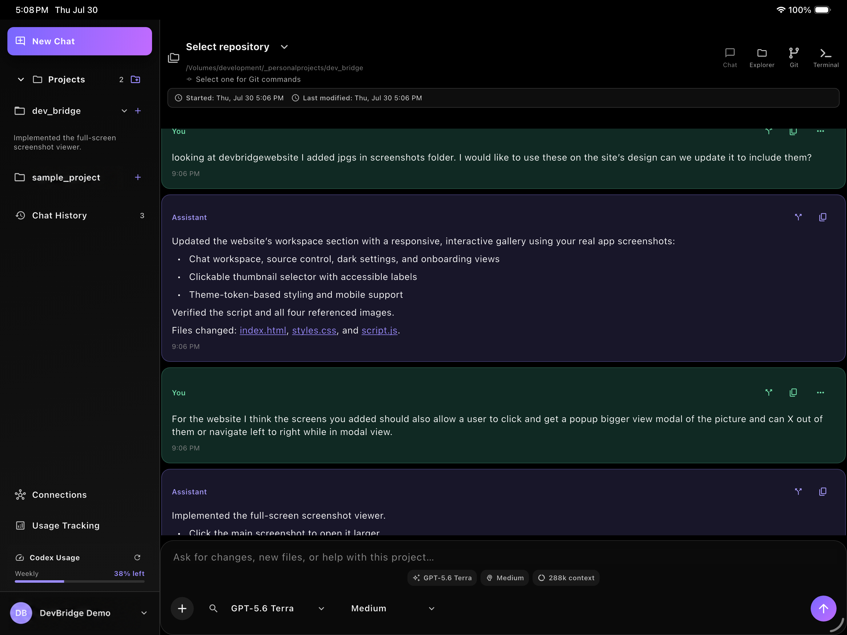 DevBridge project chat showing a conversation with an AI coding agent