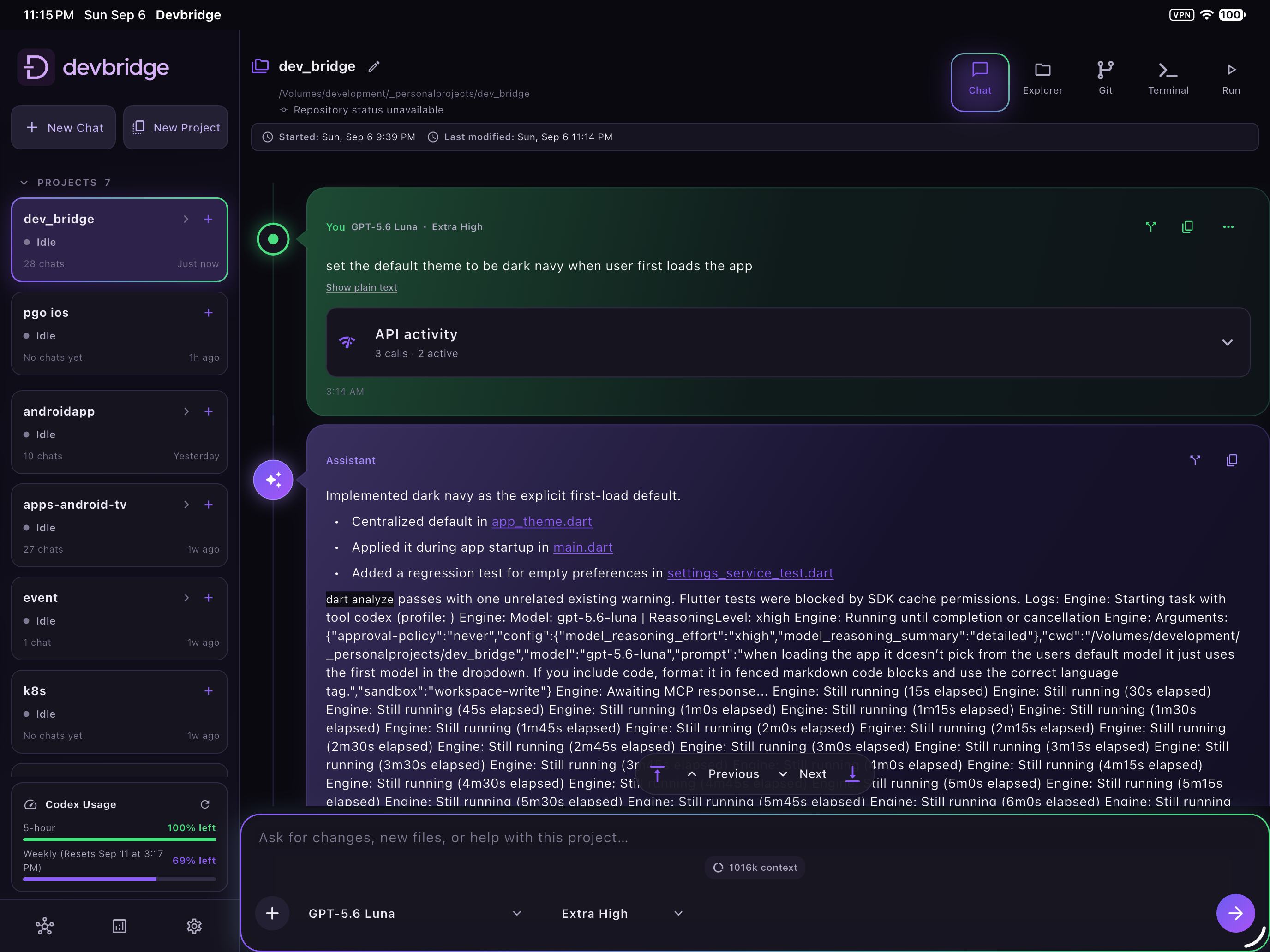 DevBridge project chat showing a conversation with an AI coding agent