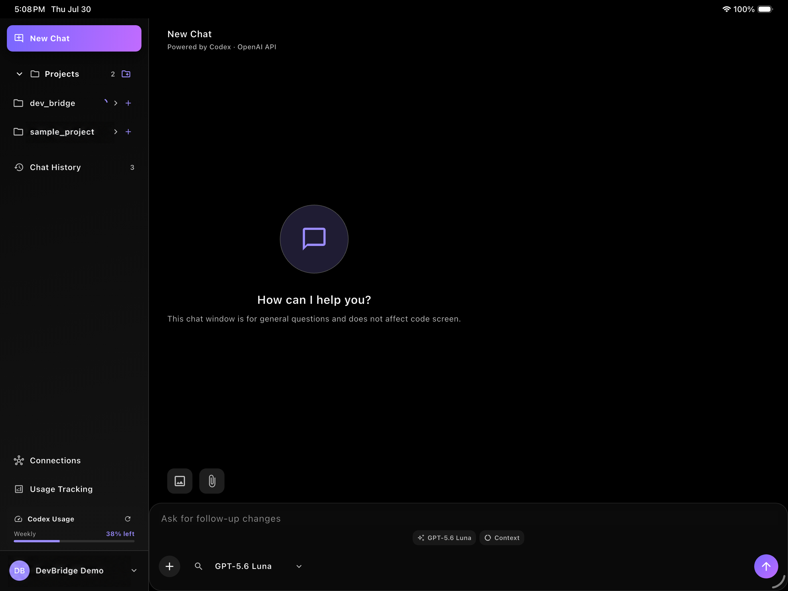 DevBridge new chat workspace on iPad or iPhone, with projects and chat history in the sidebar