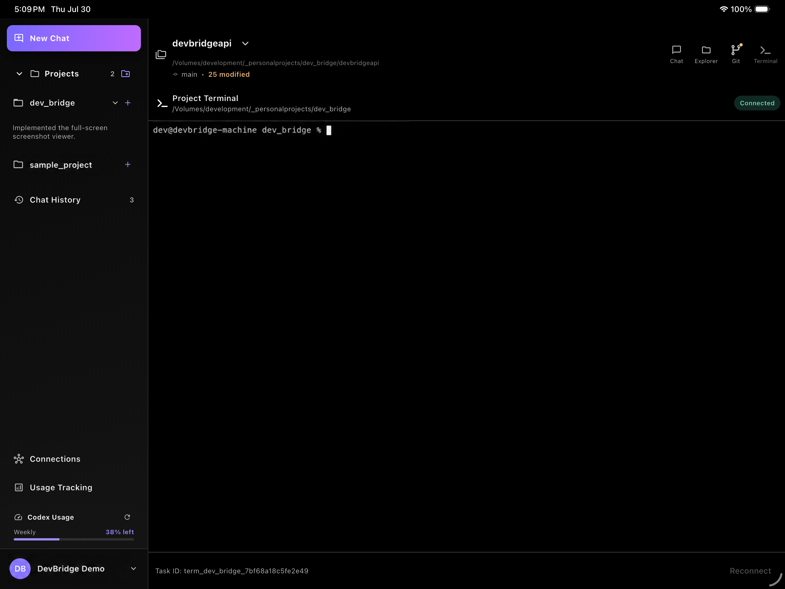 Integrated terminal connected to a DevBridge project